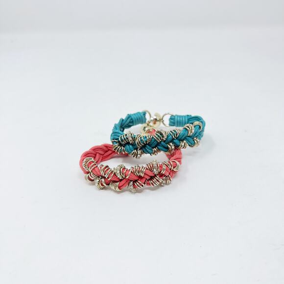 Boutique Set of 2 Braided Embellished Bracelets Teal Red Gold Tone Rhinestones - Picture 11 of 11